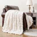 BATTILO HOME Cream Faux Fur Throw Blanket, Double Side Ruched Rabbit Fur Blanket for Couch, Bed, Super Soft Cozy Fuzzy Mink Blanket, 50"x60"(Ivory)
