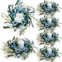 6 Pcs Small Blue Daisy Flower Candle Rings Wreaths Mini Pillar Candle Holder Wreath with White Floral Eucalyptus Leaves Lavender Artificial Spring Grains Wreath for Home Kitchen Table Cnterpieces