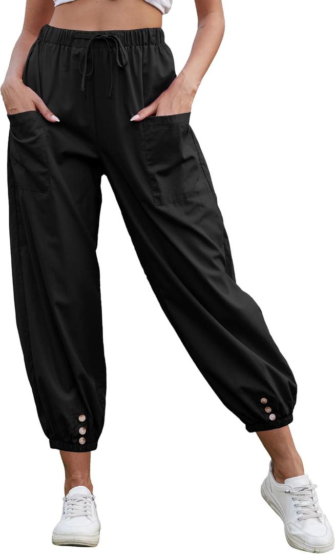 Women Capri Pants Lounge Drawstring High Elastic Waist Wide Leg Quick Dry Pants Cinch Bottom Trousers (X-Large, Black)
