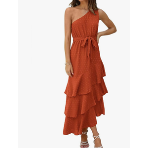 PRETTYGARDEN Women's Summer Floral Sundress Casual One Shoulder Tiered Ruffle Flowy Midi Beach Boho Dresses. Size Medium