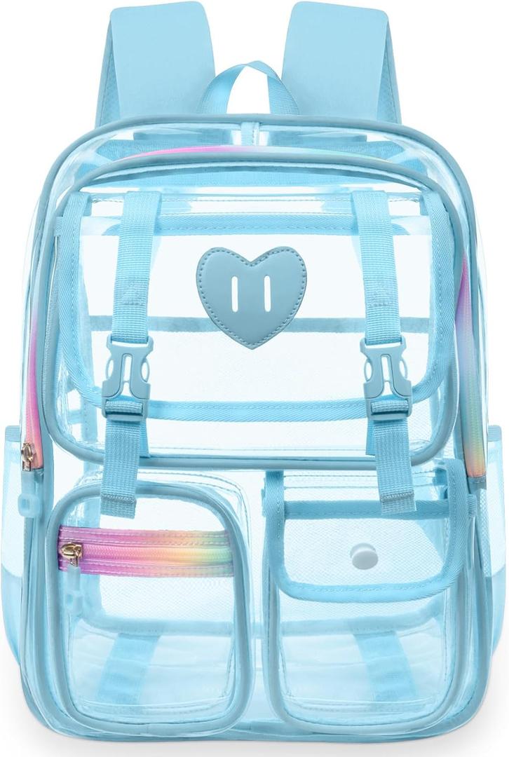 Clear Backpack for Girls Women Heavy Duty Transparent Bookbag School Backpack with Mesh Pockets Stadium Approved See Through Backpack (Blue)