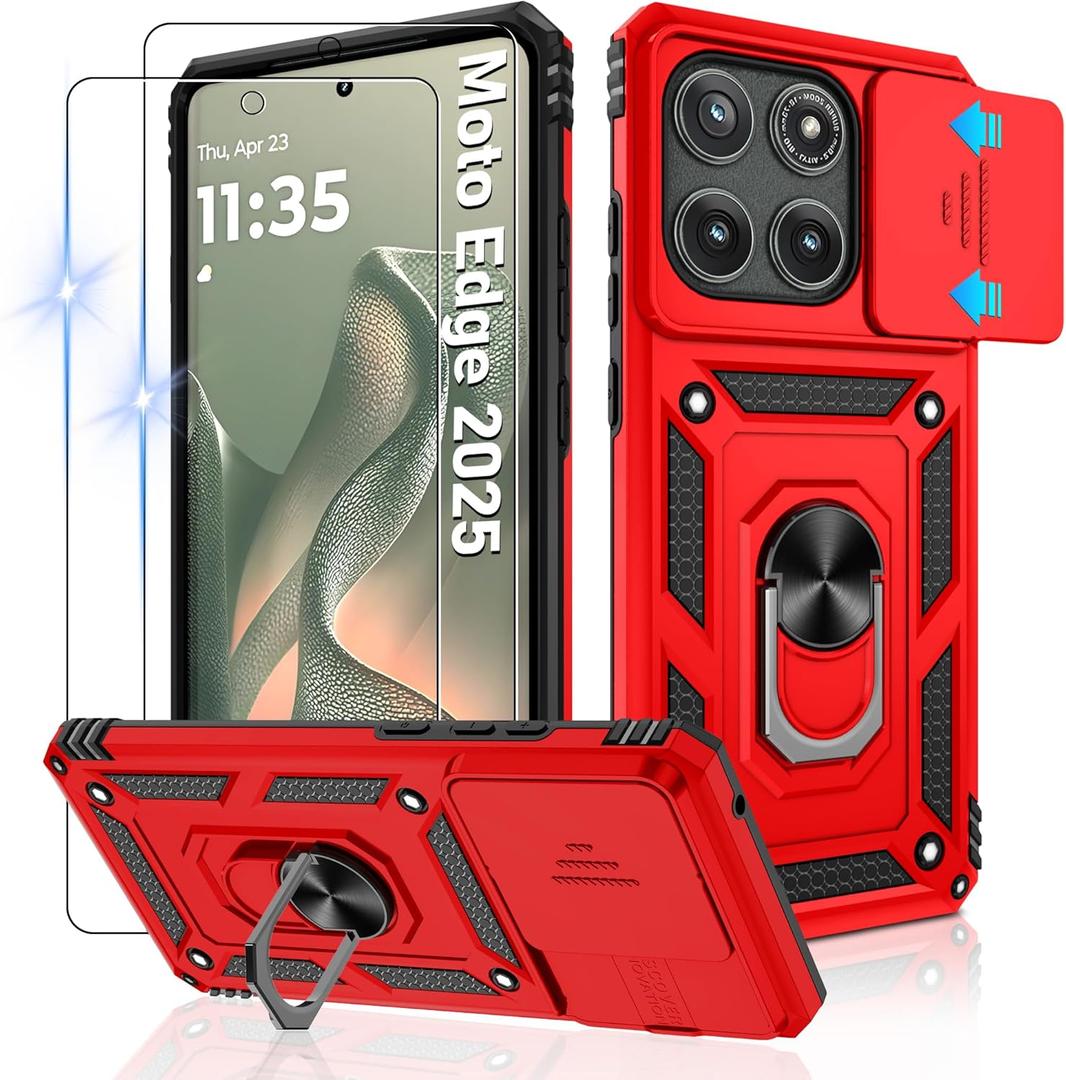 Gritup for Motorola Moto Edge (2025) Case with Slide Camera Cover & Screen Protector (2 Pack), Build in 360° Rotating Metal Kickstand | [Military Grade] Shockproof Protective, Red