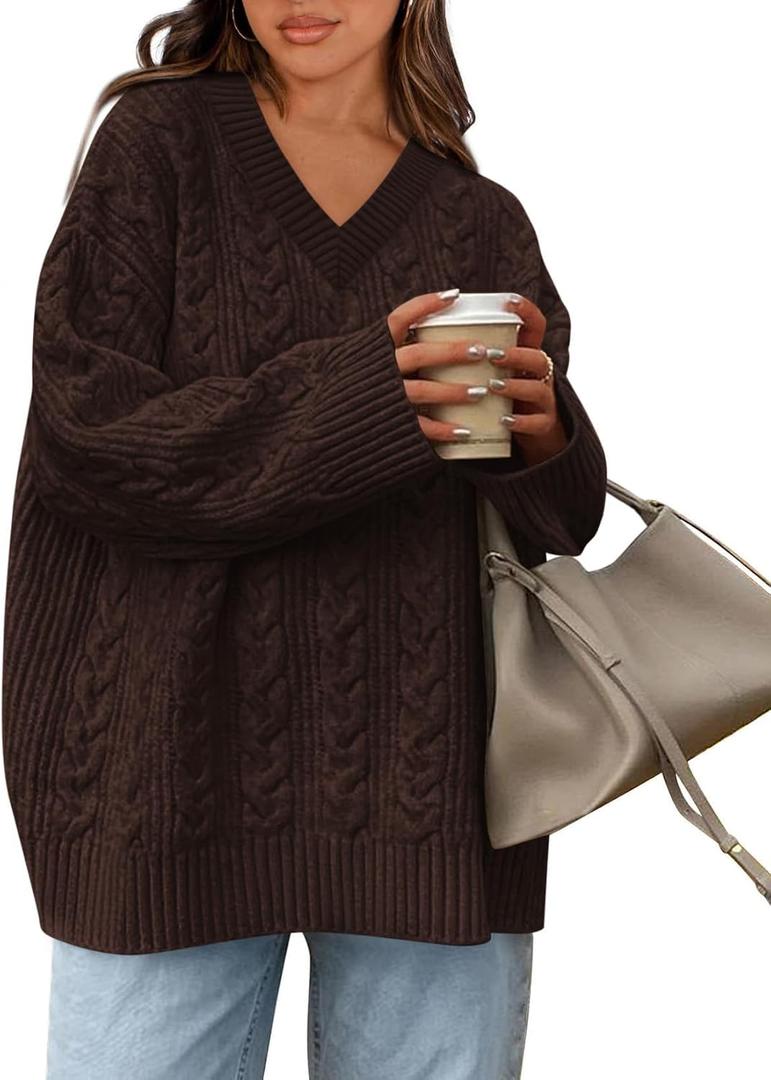 Okiwam Women's Oversized Sweaters Long Sleeve V Neck Cable Knit Pullover Tops Fall Outfits Spring Fashion Clothes 2026 (Brown, M)