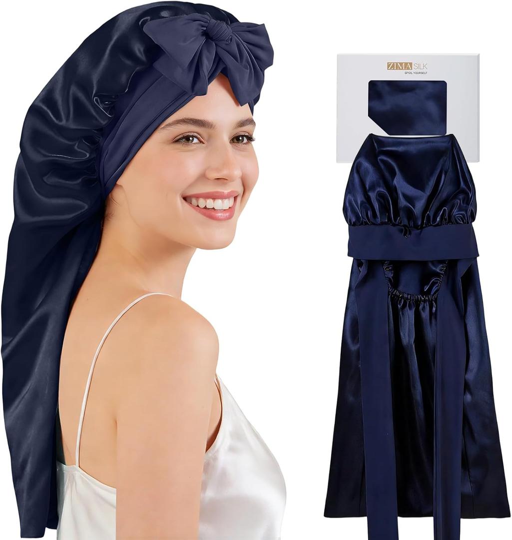 ZIMASILK 19 Momme Mulberry Silk Bonnet for Sleeping Women & Health Care, Double Layer Long Hair Wrap for Braids & Curls