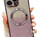 Designed for iPhone 14 Pro Case,[Compatible with MagSafe] Luxury Plating Cute Bling Clear Case for Women Girls with Camera Lens Protector Shockproof Bumper Cover 6.1", Deep Purple
