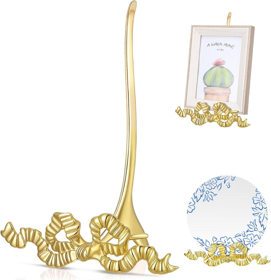 Gold Bowknot Plate Stand for Display Bow Iron Easel Display Picture Frame Holder Stand for Book Plate Photo Art Plaque for Cabinet Kitchen Counter Bar Restaurant Cafe (6 x 8 x 4 Inch)