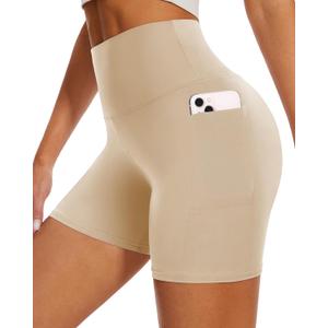 DHSO High Waisted Biker Shorts for Women-5" Tummy Control Fitness Athletic Workout Running Yoga Gym Shorts (S-M, Light Khaki)