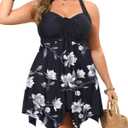Daci Plus Size Two Piece Swimdress with Boyshorts for Women Flowy Swimsuits Tummy Control Tankini Bathing Suits (Black Flower, L (12W)