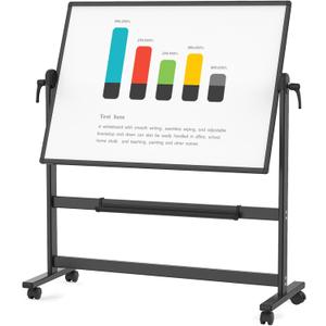 VIZ-PRO Double-Sided Magnetic Mobile Whiteboard, 48 x 36 Inches, Black Aluminium Frame and Stand
