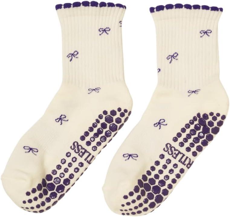 Shapes Studio Crew Half Calf Grip Socks, Cutest Fruits Pilates Socks, Ruffle socks, Non-Slip, Barre Yoga Fitness (5-10, Mini Bow (Indigo))