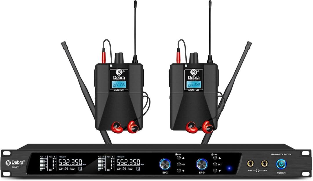 D Debra Audio PRO Mono ER-202 UHF Dual Channel Wireless in Ear Monitor System with Monitoring Type for Stage, Receiver for Studio, Guitar, Band Performance (2 Bodypack with Transmitter)