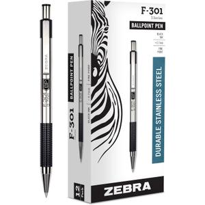 Zebra Pen F-301 Ballpoint Black Ink Fine Point 0.7mm Pen, Easy-Glide Ink, Stainless Steel Retractable, Non-Slip Grip, Professional Design, Ideal for Office, Journal and Planner Use, 12-Pack (27110)
