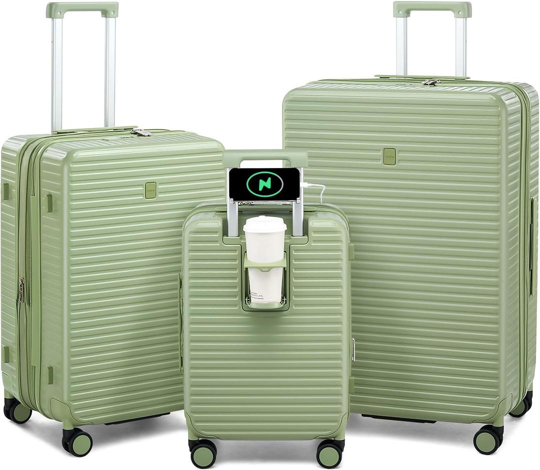 HanTrip 20"/24"/28" Expandable Hardshell Luggage Sets 3 Piece, Bamboo Green