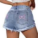 WDIRARA Women's Bow Embroidery Frayed Hem Denim Shorts Y2k Jean Shorts Blue 32