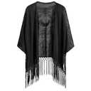 BEAUDRM Women's Goth Tassel Kimonos Boho Hippie Whimsical Fringe Sheer Mesh 3/4 Sleeve Shawl Poncho Cardigan Tops Black Medium