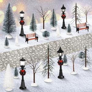 Hotop 28 Pcs Mini Artificial Christmas Village Tree Set Snow Christmas Pine Bare Branch Trees Xmas Street Lamp Post Miniature Park Bench Seat Cobblestone Street for Decoration(Vivid)