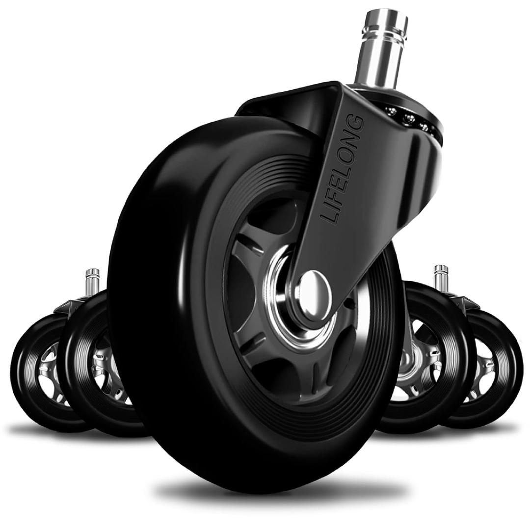 Lifelong Office Chair Wheels Replacement Rubber Chairs Casters for Hardwood Floors and Carpet, Set of 5, Heavy Duty Desk Casters for Chairs to Replace Office Chair Mats - Universal Fit (3 Inch, Dark Black)