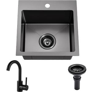 Gunmetal Black bar sink 15 inch Drop in Bar Sinks Modern Stainless Steel Small Kitchen Sinks Single Bowl RV Sink with Faucet Combo