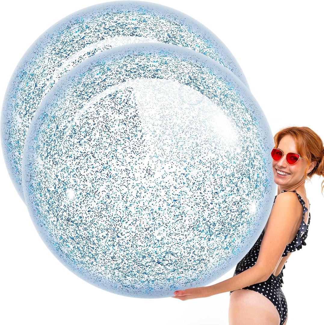 Junkin 2 Pcs 48'' Giant Sequins Beach Ball Inflatable Glitter Confetti Clear Large Jumbo Balls Water Beach Toys for Outdoor Summer Swimming Pool Party Favors(Blue)