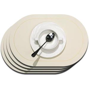 Beige and Green Oval placemats, Set of 4 wipeable and Heat Resistant mats for Indoor use, Perfect for Coffee Tables, Family Dining, or as a Christmas Table Decoration