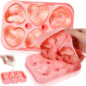 Domensi 2 Pcs Large 3D Heart Ice Mold Reusable Silicone 6 Heart Shape Ice Mold for DIY Chocolate Candy Whiskey Cocktail Beverages Tea Coffee Dishwasher Safe(Pink)