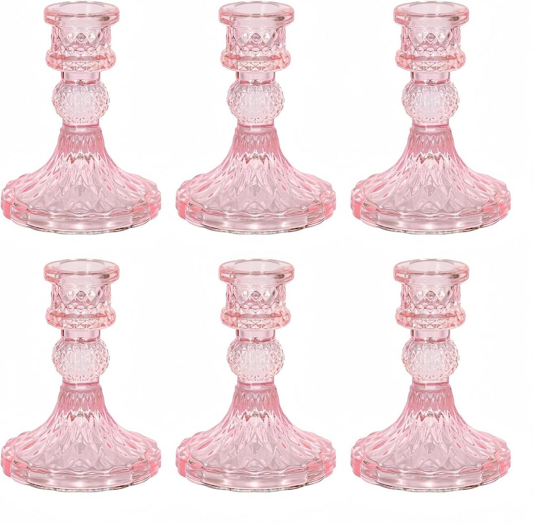 Glass Candlestick Holder,Striped Taper Candle Holders,Set of 6 Candle Stand for Table Centerpieces, Home Decor,Weddings,Festival and Parties (Pink Dimond)