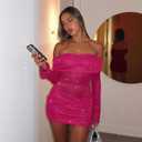 Women Sexy Off Shoulder Bodycon Mini Dress Mesh Sheer Ruched Sparkly Flared Long Sleeve Y2K Dress Club Night Out Dresses (Pink, S)