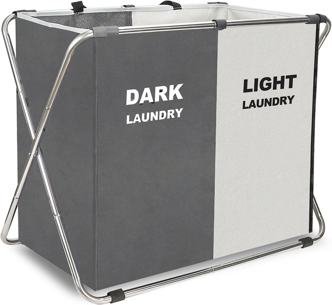 115L Laundry Hamper 2 Sections Laundry Basket Clothes Hamper Sorter storage Bin, Foldable Portable Laundry Hamper Divided Large Dirty Clothes Basket for Bathroom Bedroom Home (White+Gray)
