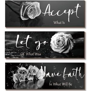 3 Pcs Black White Rose Wall Decor Inspirational Wooden Flower Wall Art White Roses Bathroom Decor with Accept Let Go Have Faith Positive Quotes for Women Bathroom Living Room Bedroom(White Rose 12x4")