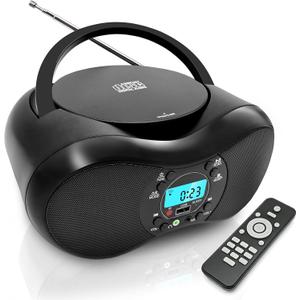 Portable CD Player with Bluetooth, FM Radio, USB Playback, Remote Control, Stereo Speakers, AUX Headphone Jack, AC or 6 C Battery Powered, Programmable Repeat, LCD Display, Retro Black