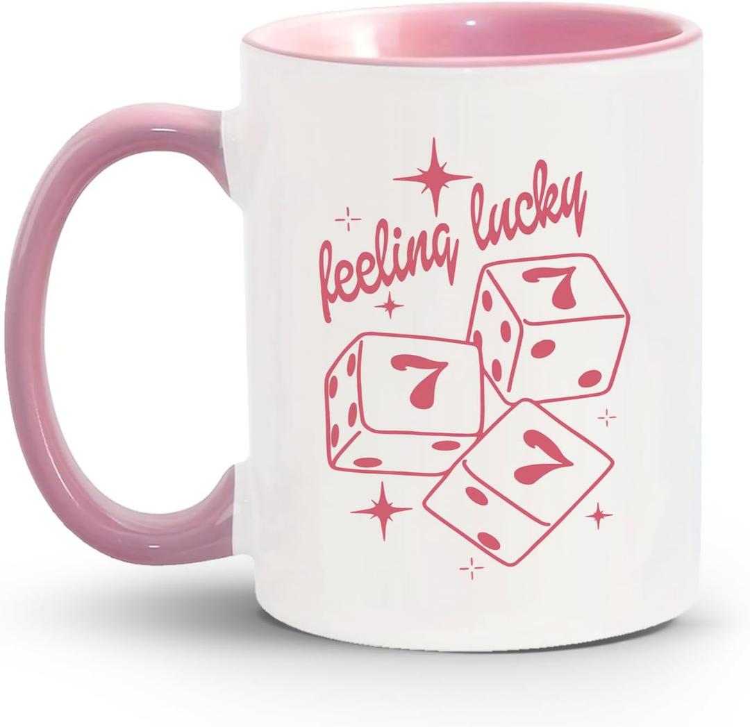 Trendy Feeling Lucky Coffee Mug, Preppy Pink Dice Ceramic Coffee Mugs, Cute Inspirational Coffee and Tea Cup for Women Girls, 11oz Ceramic Cup Pink
