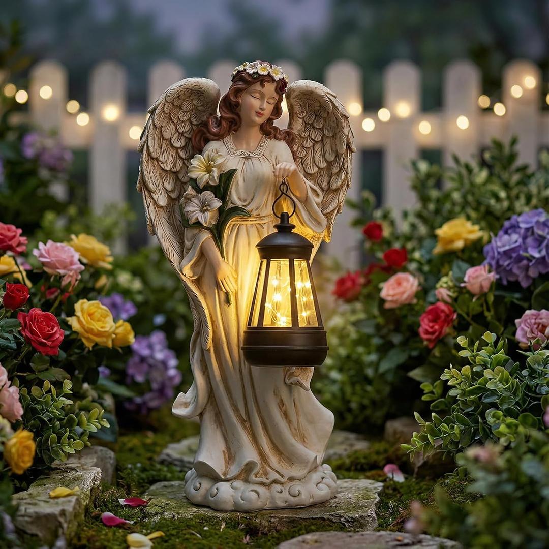 Solar Angel Outdoor Decor Garden Statues 13.2 inches Angel Figurines Outdoor Sculptures with Solar Lantern for Outside Yard Art Patio Balcony Front Lawn Ornaments Gifts for Mom Grandma Women