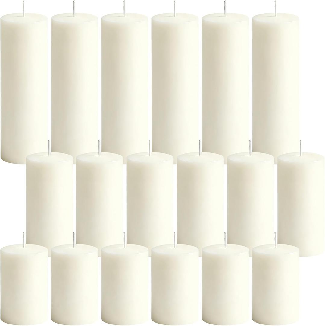 Ivory White Decorative Pillar Candles Bulk Set, 2 x 3/4/6 Inch, 18 Pack Dripless Smokeless Unscented Long Burning Candles for Weddings Engagement Spa Home Party Events Ceremony