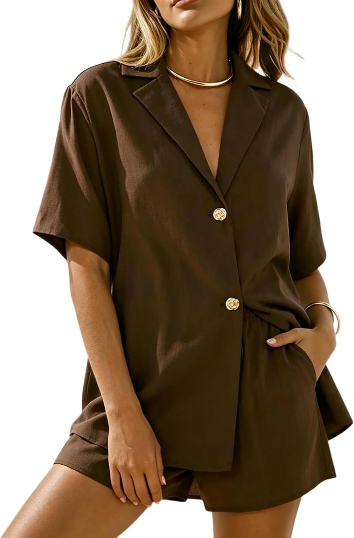 APAFES Womens 2 Piece Linen Short Sets Summer Button Down Shirt Shorts Casual Lounge Beach Vacation Outfits with Pockets, L