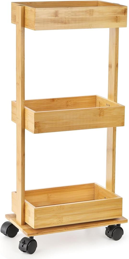 TOPZEA Slim Storage Cart, 3-Tier Bamboo Rolling Utility Cart Standing Rack on Wheel, Mobile Shelving Unit Organizer Serving Trolley Slide Out Cart for Office Bathroom Kitchen Laundry Room(Upgraded)