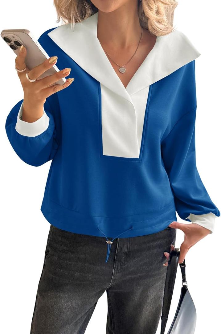 Fisoew Womens Cropped Oversized Sweatshirt Casual Lapel V Neck Long Sleeve Contrast Drawstring Loose Fit Fall Pullover Tops (Large, Blue)