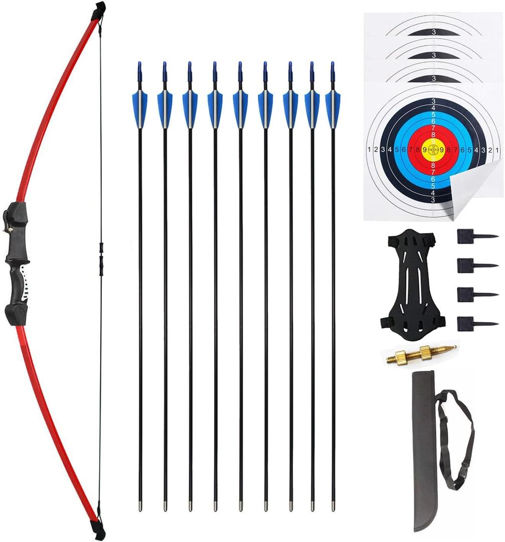 45" Youth Bow and Arrows Set for Kids 8-12 Teens Recurve Archery Beginner Gift Longbow Kit, Outdoor Hunting Play Gift, 9 Arrows, 4 Target Face for Backyard Game Age 12-14 14-16 (Red)