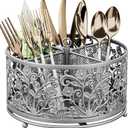 360 Rotating Utensil Caddy - Silverware Cutlery Caddy Holder with 4 Compartment, Metal Flatware Organizer Countertop with Handle for Party Camping Picnic, Kitchen Counter, Office (Silver)
