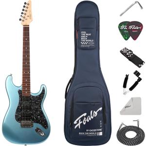 FOALS Full Size Electric Guitar Kit for Beginners, Solid Poplar Body, HSS Ceramic Pickups, Maple Neck & Rosewood Fingerboard, Locking Tuners, Tremolo Bridge, Gig Bag & Accessories, FS3-Metallic Blue