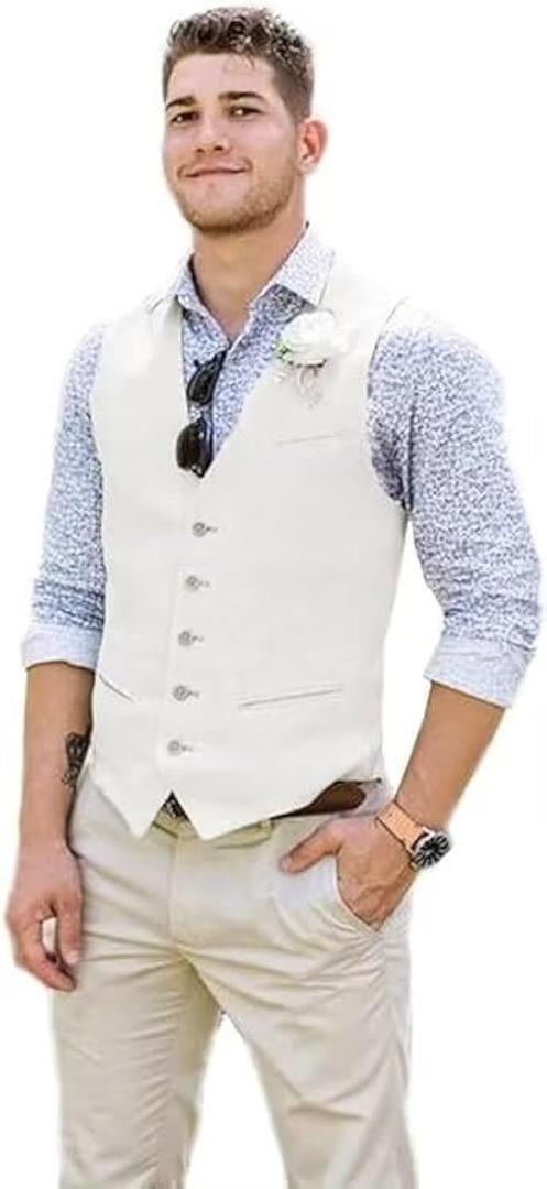 Bofan Linen Mens Suit Vest Beach Wedding Waistcoat Summer Casual Men Groomsmen Dress Vest (3X-Large, Ivory)