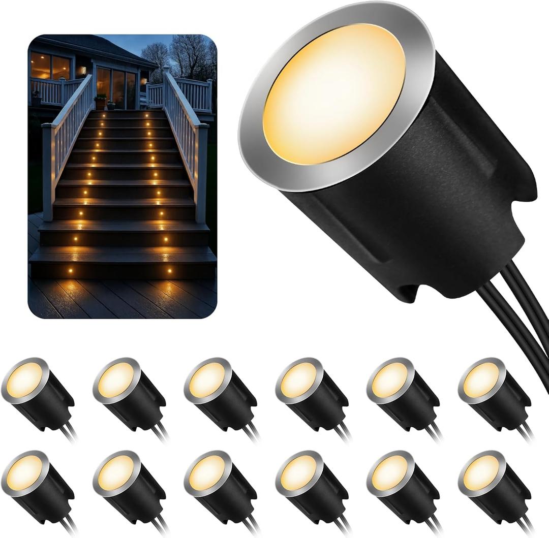 LED Recessed Deck Lights with Protecting Shell, IP68 Waterproof Warm White, 0.6W , Outdoor Landscape Lighting, 12V Low Voltage Deck Lights Kit for Garden Yard Step Riser Stair Decoration, 12 Pack