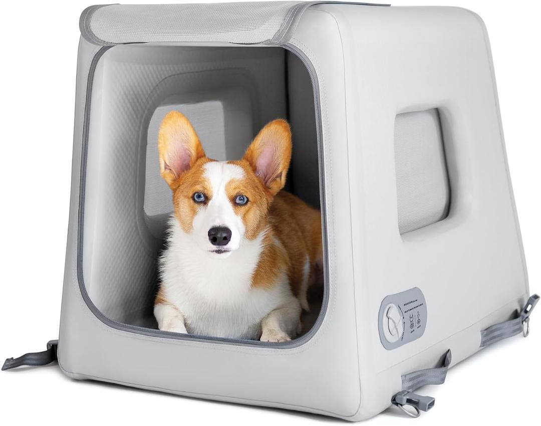 Diggs Enventur Small Soft Dog Crate - Portable Indoor & Outdoor Dog Kennel - Inflatable Ultra-Durable Travel Crate for Safe Car Travel & Adventures - 27" L x 18" W x 20" H (Grey)