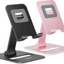 Nulaxy 2 Pack Dual Folding Cell Phone Stand, Fully Adjustable Phone Holder for Desk, Compatible with iPhone 16 15 14 13 12 11, Nintendo Switch, All Phones, Black & Rose Gold