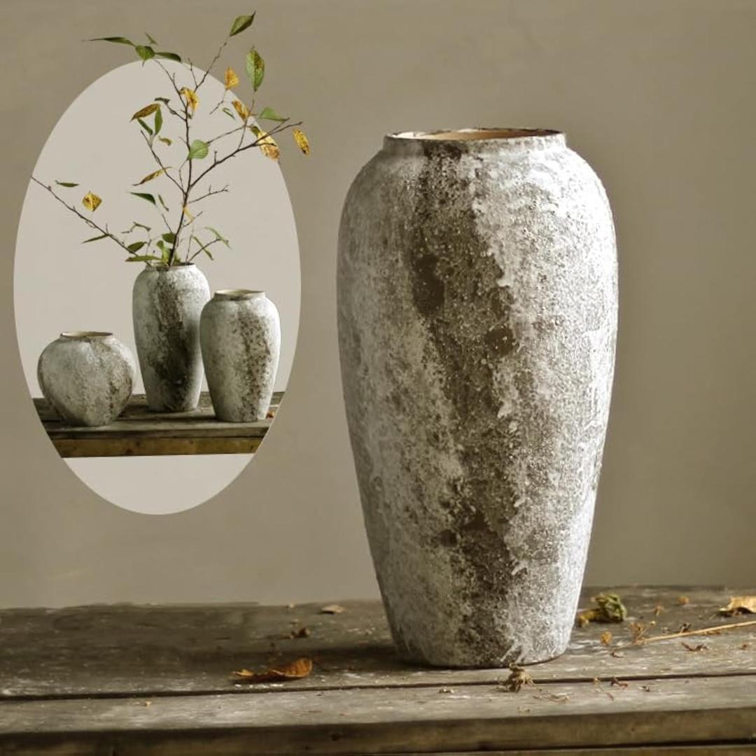 Denique Rustic Ceramic Tall Floor Vase, Vintage Farmhouse Decor, Large Terracotta Vases for Living Room Entryway Table Centerpiece Decor, Terracotta Pottery Clay(C-35cm)