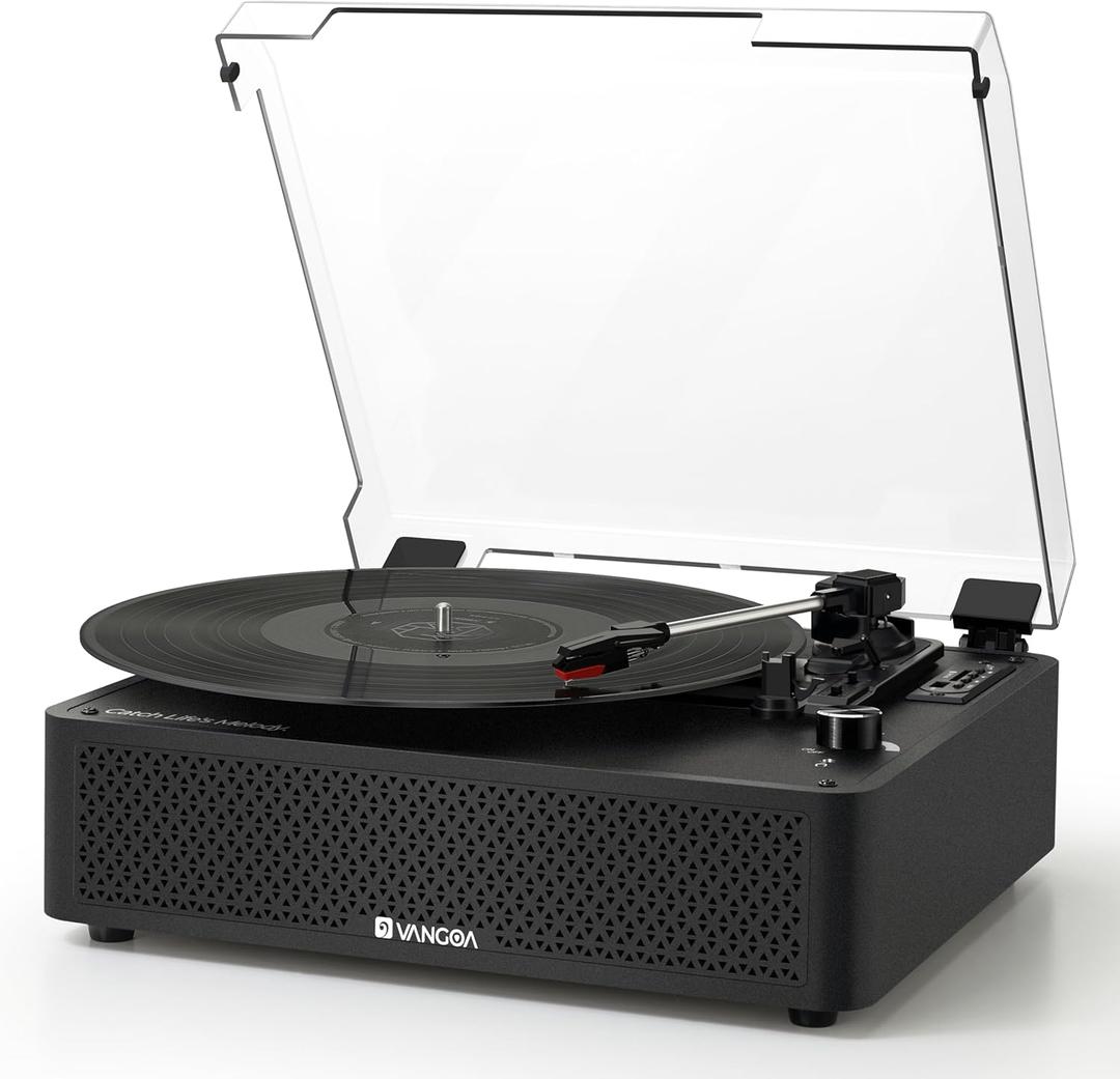 Vangoa Vinyl Record Player Turntable with 2 Built-in Speakers, Wireless Record Player 3 Speed 3 Size, Portable Vintage Belt-Driven Turntables for Vinyl Records, Black