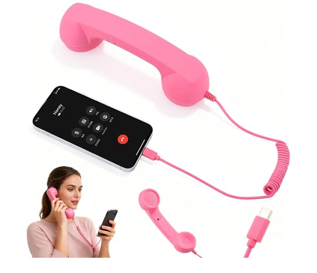 Retro Phone Handset for iPhone & Android,2026 New Cell Phone Receiver with Microphone & Speaker,Classic Vintage Old School Telephone Receiver for Mobile Phones,90s Style Prop for Photos (Pink)