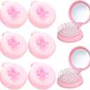 LemonRoad 6 Pack Compact Travel Mirror Hair Brushes, Mini Mirror Comb, Round Portable Folding Pocket Hairbrush, Small Size Massage Comb, Coquette Bow Party Favor for Women (Pink)