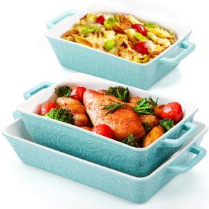 Okllen Set of 3 Casserole Dishes for Oven, Ceramic Baking Dishes with Handles, Rectangular Lasagna Pan Bakeware Set for Baking Cooking, Roasting, Broiling, Gratin, Wedding & Housewarming Gift, Blue