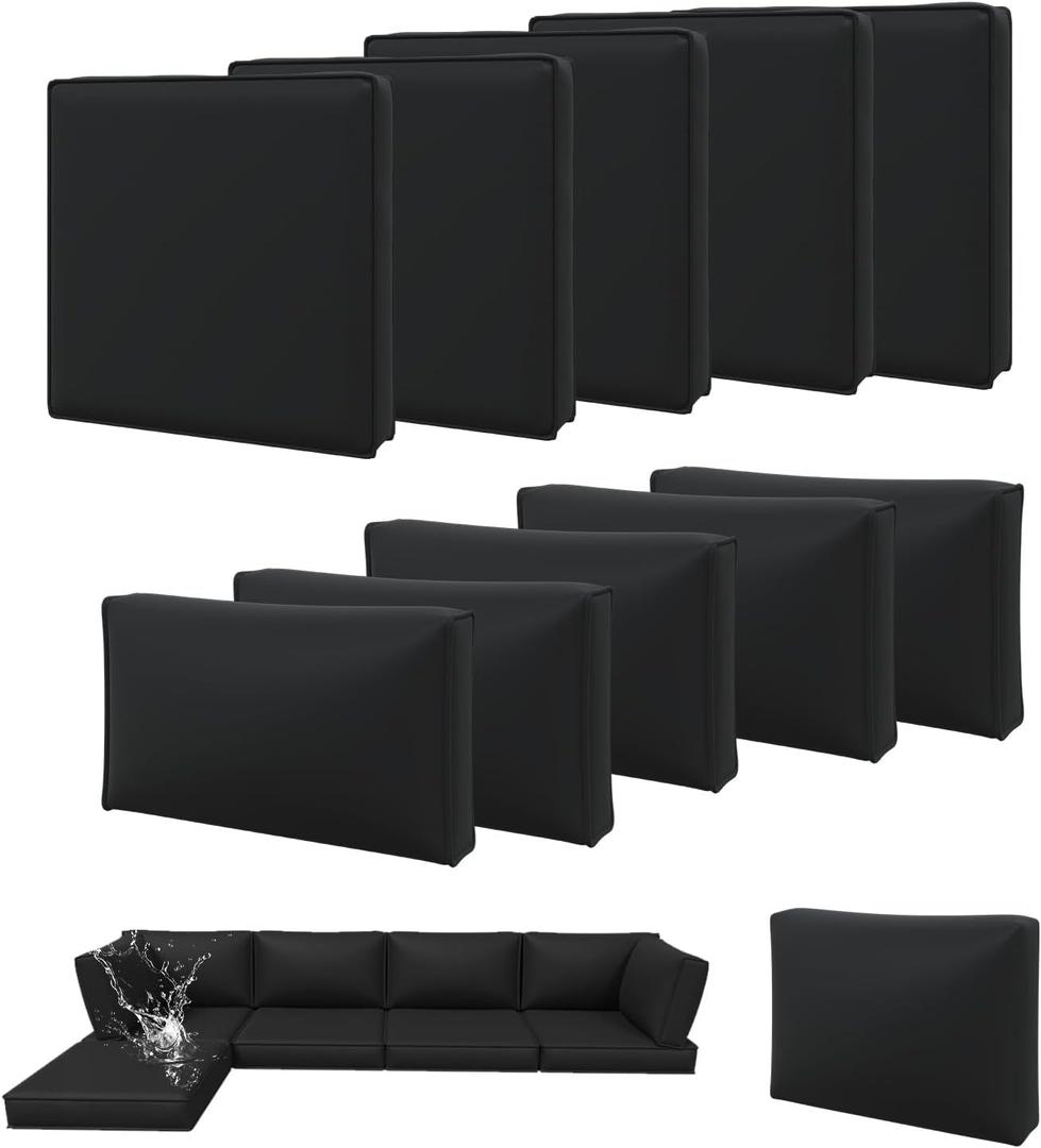 Aoxun 11pcs Patio Cushion Covers Replacement, Waterproof Outdoor Furniture Cushion Covers with Zipper and Non-Slip Bottom, Patio Sofa Couch 3 Sizes for Patio Sectional, Covers Only (Black)