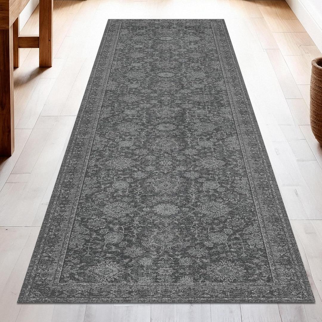 Washable Runner Rug 2.5x10 | Non Slip Rug Runners for Hallways, Entryways, Kitchens, Bathrooms, Bedrooms | Ultra-Soft Flannel Carpet Runners with Rubber Backing (Dark Grey, 2.5x10)